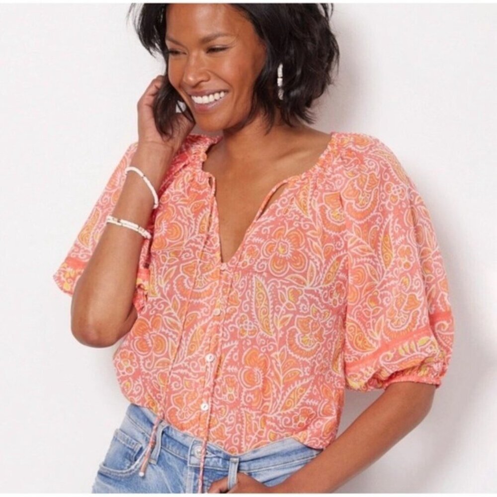 Cleobella Layla ORGANIC‎ COTTON Top Orange Blossom Block Print SMALL Summer Trip
